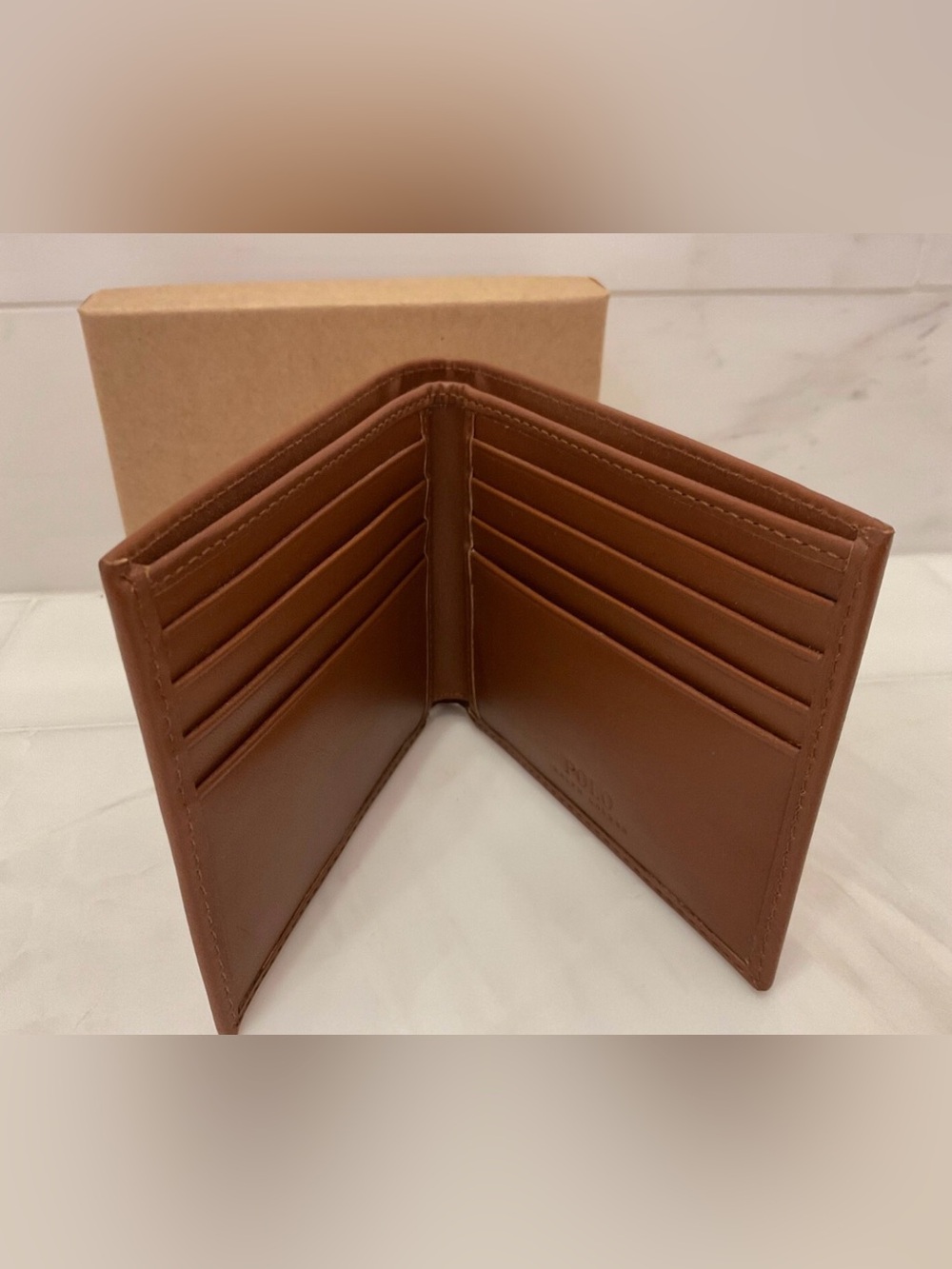 NIB Polo Ralph Lauren Leather ALL OVER PONY Double Billfold Wallet - CLASSIC TAN - Picture 3 of 13